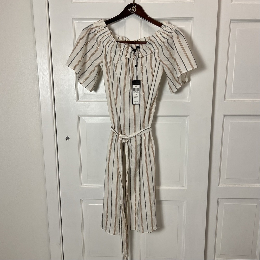 BCBGMAXAZRIA‎ Striped Metallic Day Dress New With Tags Gardenia Combo